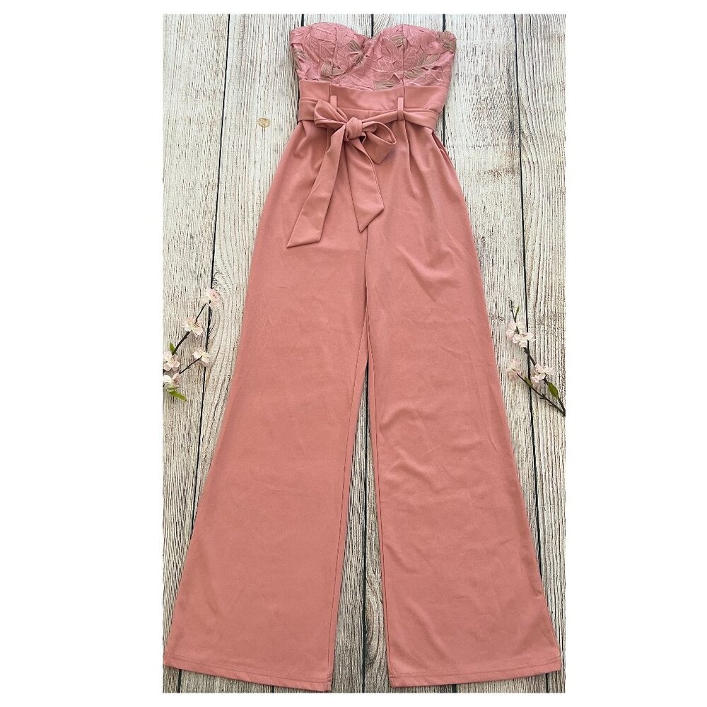 B1 - NWT pink FASHION NOVA strapless mesh belted paperbag jumpsuit SMALL
